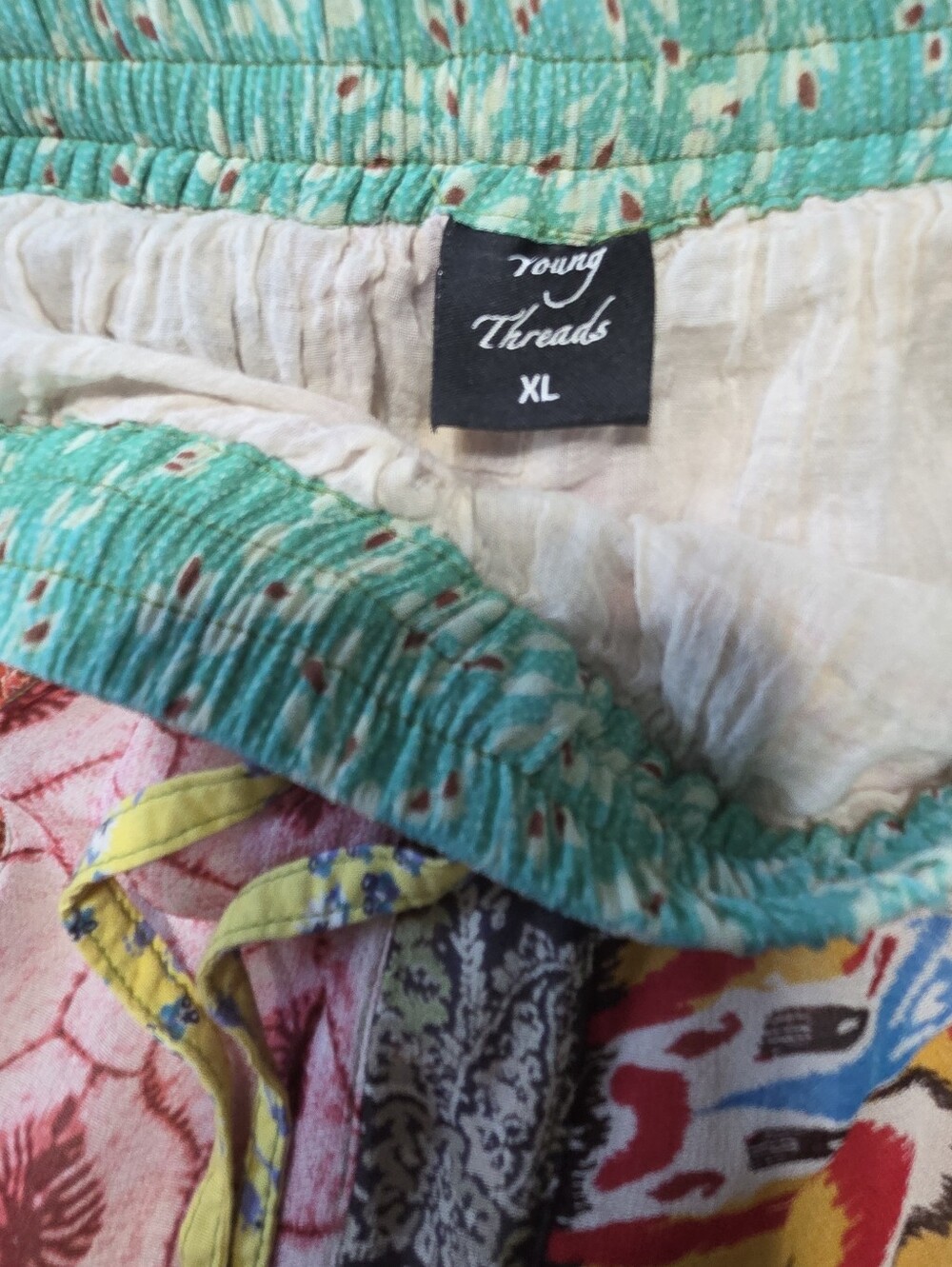 Young Threads Boho Patchwork Wide‑Leg Palazzo Pants XL Drawstring Pockets Flowy - Picture 4 of 14